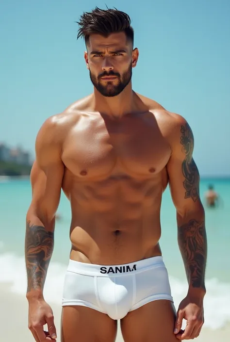  The man has an athletic and well-defined physique with some tattoos on his arms ,with long shoulders, firm arms and an imposing posture . The face has striking features ,like an angular jaw ,  well-groomed beard and expressive eyebrows that highlight inte...