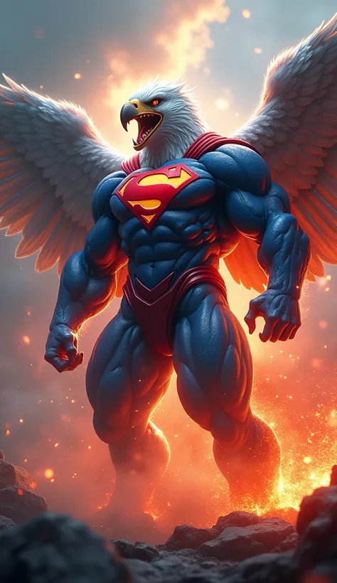 create 32k image of a Dangerous Fighting Hybrid Fusion combining the might of Superman and the ferocity of an eagle. The creature stands towering with a massive muscular build, its body rippling with bulging biceps and powerful legs, radiating pure dominan...