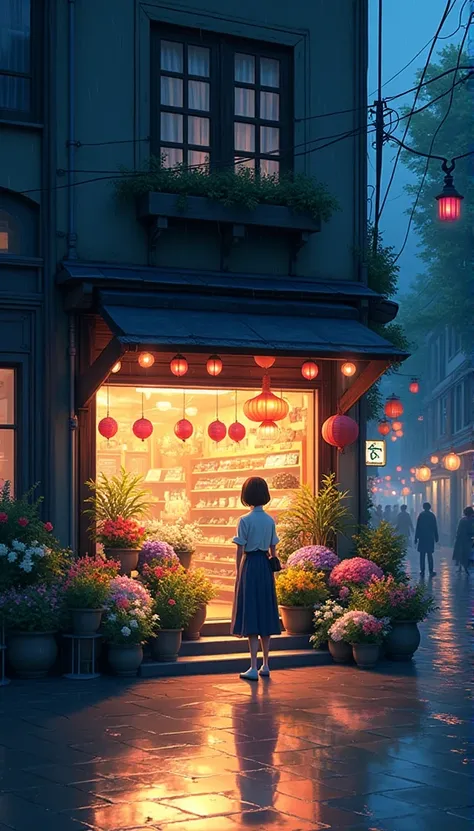 City flower shop, potted plants, flower, rainny night,water reflection puddle,oriental design, hanging lights , digital painting, sunset,wind up,concept art, illustration, intricate, many people, hanging lights, happy, beautiful colorful light, flower, pla...