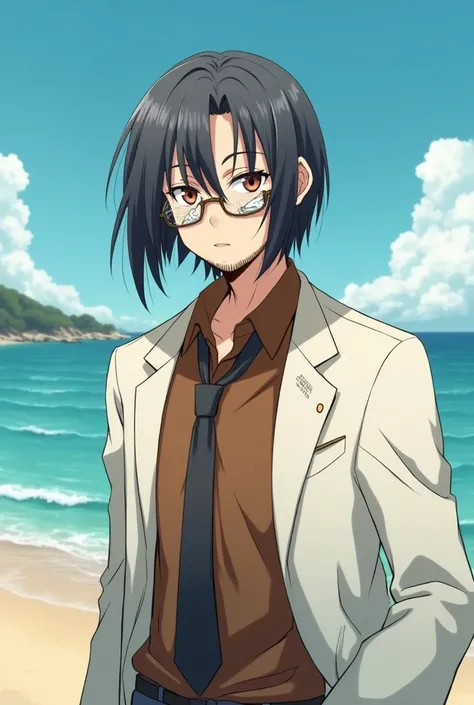    An anime-style image of a man,  in white leather,  brown eyes, dark gray hair with a bob cut, with beard,  wearing a brown gabardine shirt , with tie,  wearing broken glasses , scratched , in the middle of a beach.