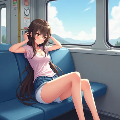 anime girl, a beautiful girl session in a train bench, Pretty girl, slender girl, young girl , small breasts, slender legs, long hair, straight hair , session, ( open legs ), extended his legs, ( sleeping ), shes wearing a short denim skirt, ( under the sk...