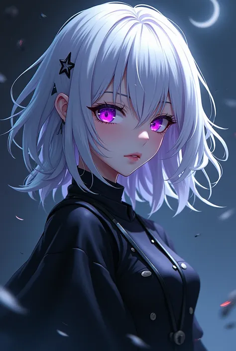 *style anime* A 17-year-old girl with white hair and purple eyes (qui a une aura de villain)