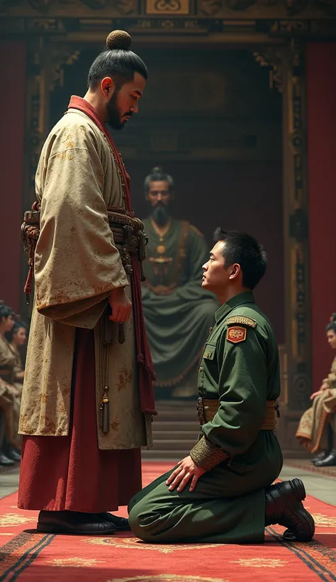 In ancient times, a 45-year-old Japanese soldier with short hair, wearing an old military green uniform, kneeled on his knees and apologized to the emperor, both of them look tall