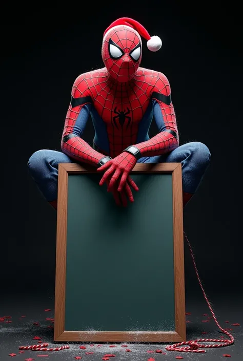  Spider-Man with Santa Hat Holding Large Writing Board,  4k walpaper style , amazing ,  black background 