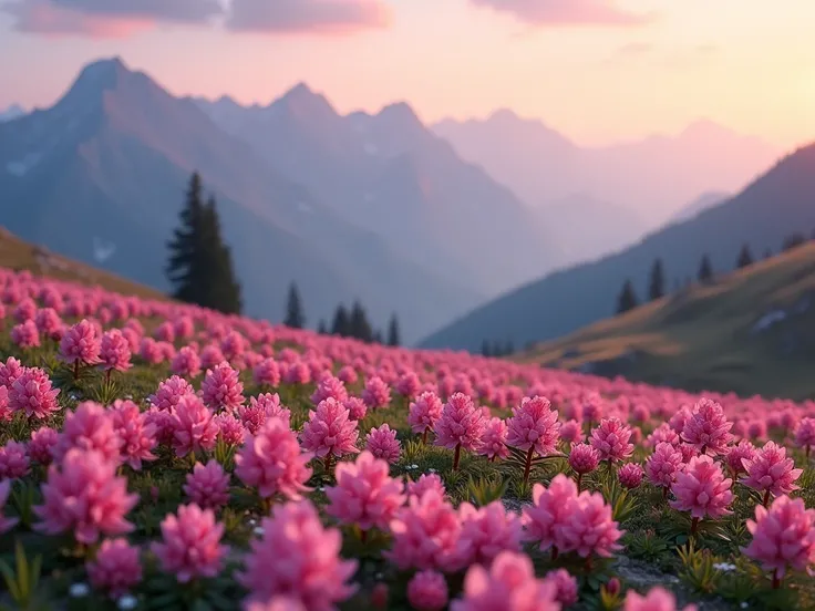 A stunning mountain meadow adorned with delicate clusters of small, vibrant pink rhododendron flowers. The blossoms are petite and intricately detailed, with each flower displaying tiny, paper-thin petals and fine green leaves. The foreground is filled wit...