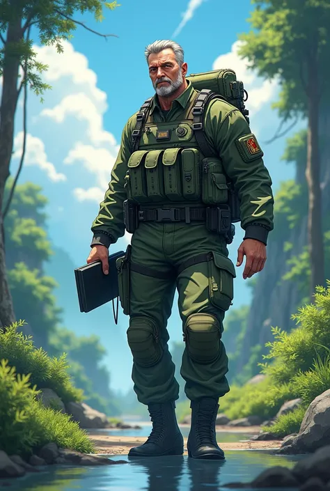  an army commander , 55 years, muscle-shaped ,  highly digitally equipped, notebook, backpack, computer, monitor, battlefield,  extending his hand forward  ,  vibrant colors,  lush vegetation ,  reflections in the water, , Art work,  best quality , 8k, ext...