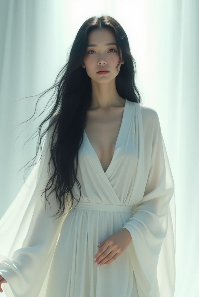 long black hair，wearing white robe，female with white light on her