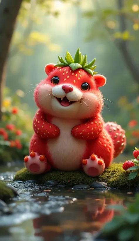 A whimsical hybrid creature blending the features of a beaver with the fruity essence of a strawberry. Its body has the rounded, textured shape of a strawberry, with soft red fur covered in tiny golden "seed" spots. The beavers signature wide, flat tail is...