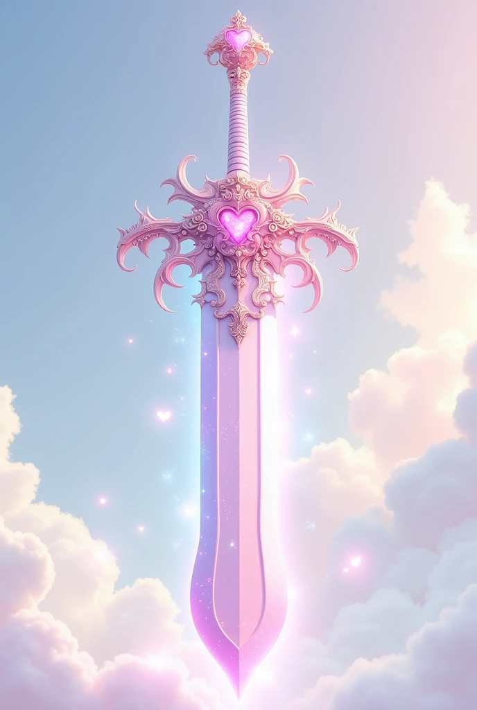 "A single large and powerful greatsword designed with a cute and whimsical aesthetic. The blade is oversized, with a pastel color scheme such as soft pinks, baby blues, and lavender. The hilt features heart or flower-shaped designs, elegant engravings, and...