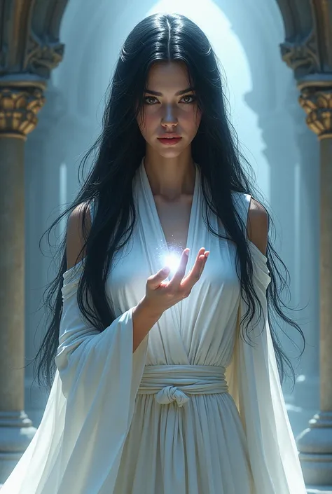 long black hair，face medieval, wearing white robe like a mage，female with white light on her