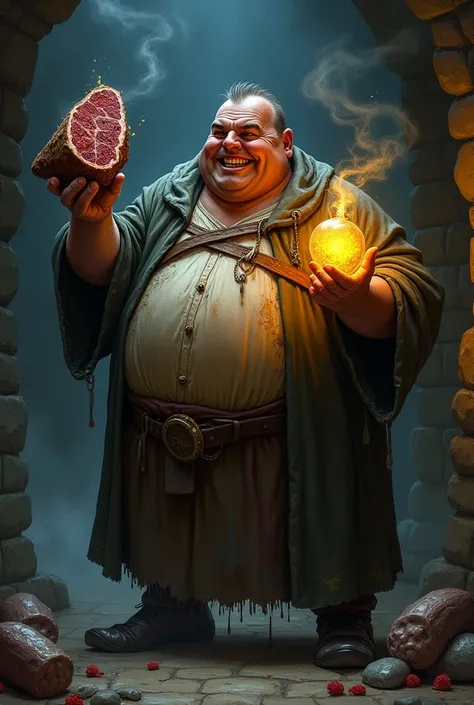 Fat man who takes meat with one hand and a potion with the other