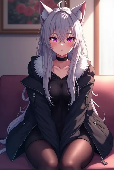 chica estilo anime, 20 years old, chest,  with wolf ears and long silver hair . Bright purple eyes .  He wears a black winter jacket with fluff around his neck,  a black sleeve dress blouse , Pos Grande ,  revealing leggings, wet skin,  wet intimacy ,  blu...