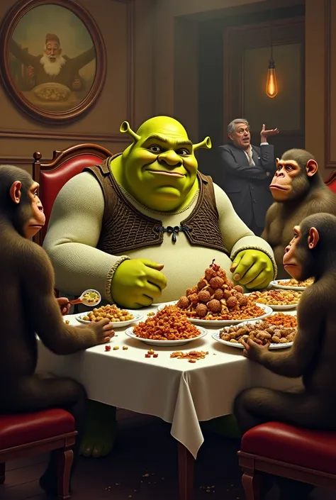 A particularly fat Shrek Is eating in the inn called "bar ristorante martinelli" with some big fat monkeys, the table Is full of food and the boss of the inn Is desperate