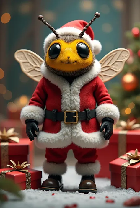 Humanoid bee disguise as Santa Claus on a Christmas background with gifts 