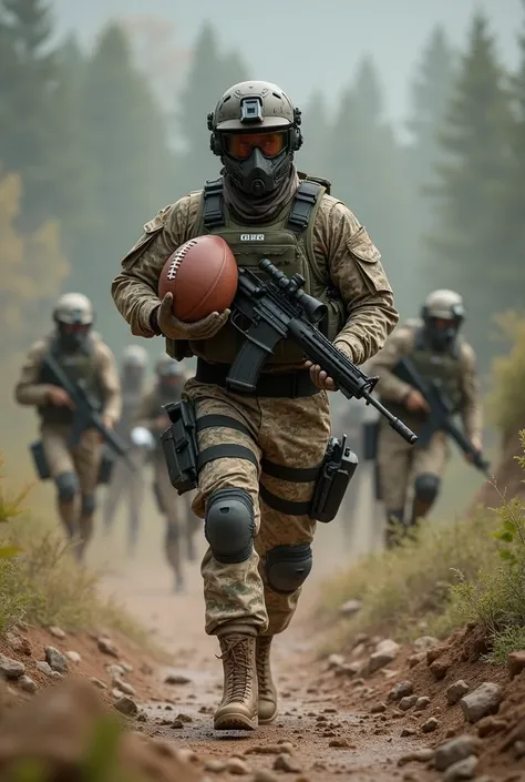 Man playing airsoft, full gear, with a football in one of his hands. Other airsoft players in the background