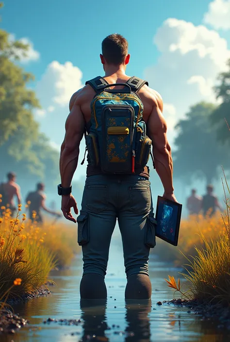  A man, 35 years old, muscle-shaped ,  highly digitally equipped, Open notebook showing graphics, backpack, computer, monitor, battlefield,  extending his hand forward  ,  vibrant colors,  lush vegetation ,  reflections in the water, , Art work,  best qual...