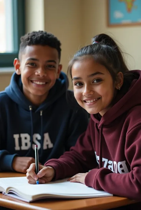  two Ethiopian couples learning at school in class and also wearing the same hoodie and on the boys hoodie theres a word says "IBSA" and the girls hoodie there is a word says "manzama" at least thasa couples are 15 yeas old