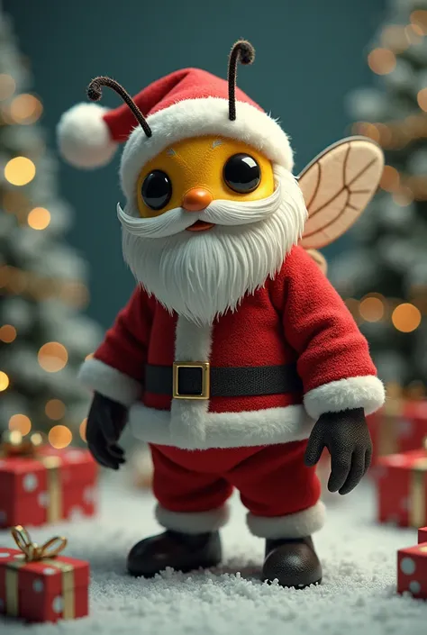 Humanoide abeille deguiser en pere noel sur un fond de noel avec des cadeaux, un peu moins mignon 