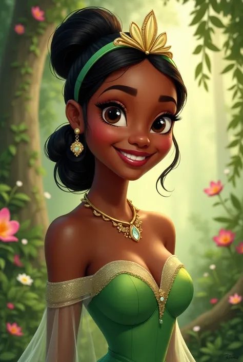  Disney Princess Tiana who is a  with big eyes and a green dress, Who looks cute  