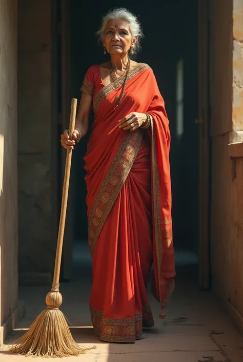 Mature indian lady with 90% cleavage of breast in saree sweeping the floor 