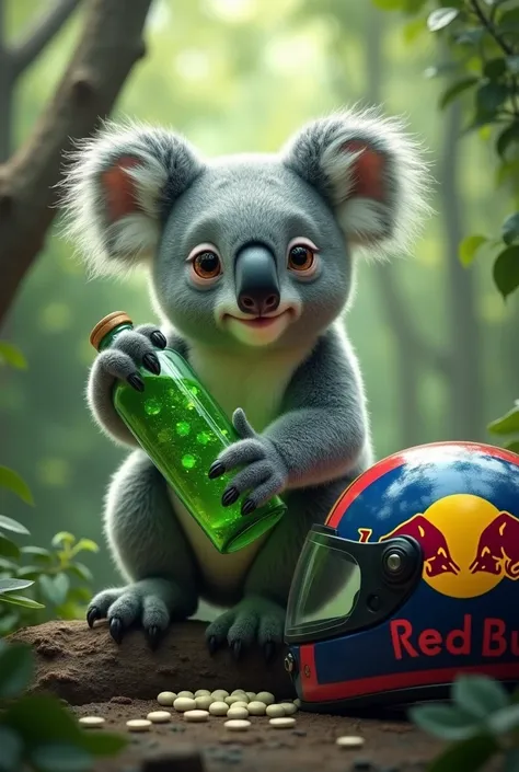 Create a koala that has medicine tablets lying next to it on the ground in the lower right corner should be a motorcycle helmet with Red Bull logo the koala has a cylinder-shaped bottle with green liquid in its hand 