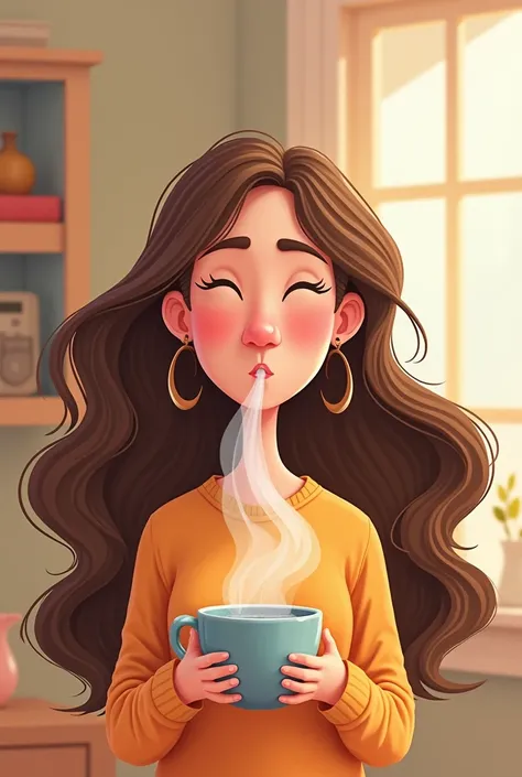 cartoon style woman with long hair blowing steam from a cup in her hands