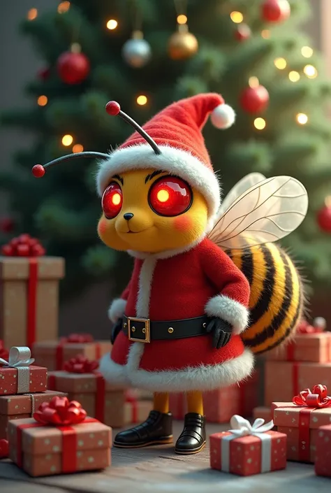 Abeille avec les yeux rouge deguisee en pere noel avec pleins de cadeaux et un sapin avec des lumieres 