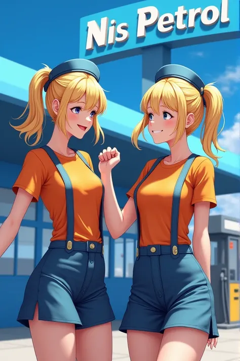 2 hot blondes in uniform on suspenders and orange T-shirt play around the bar at a big blue gas station called "Nis Petrol " 