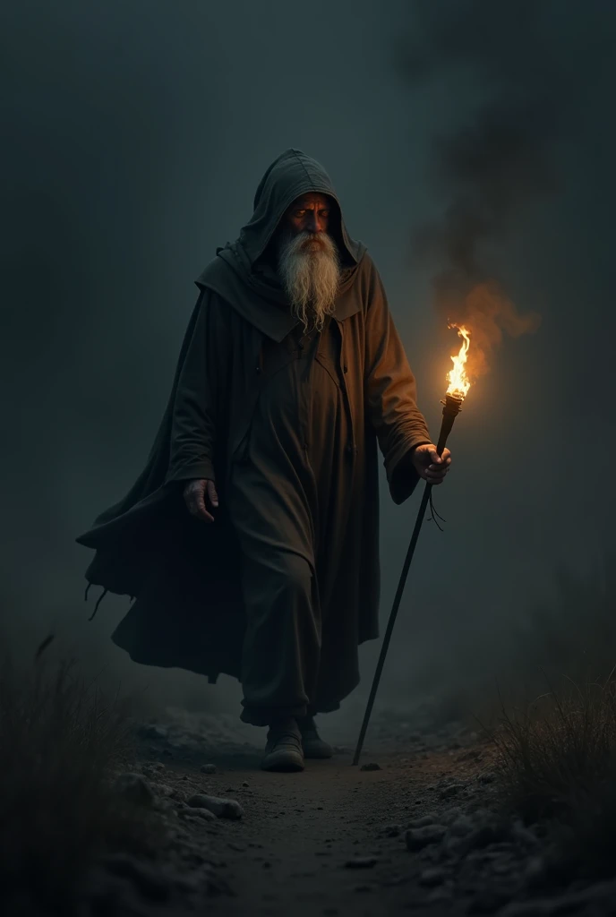 Old man in a hood walking through a dark abyss carrying a torch