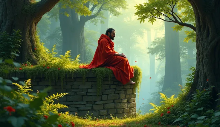 A nomad with a red robe sitting on a small forest wall with realism 