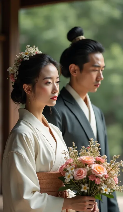 In ancient times, a 45-year-old Japanese woman and a 45-year-old man got married. The woman has a wreath of flowers around her neck, the man has short hair and is thin.cinematic