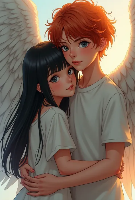  Create book cover with the title Angel Of Life ,  featuring a girl with straight hair up to her shoulder and with black hair, round black eyes , being hugged by a boy with bright red hair, olhos azuis brilhantes, with bangs