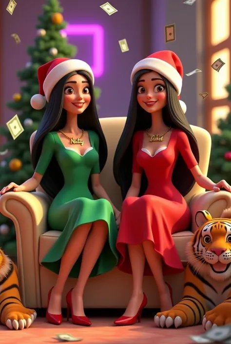 I want 3D Pixar I want two women with very straight black hair, long and very long, wearing Santa hats with a necklace with the name Naty and one with the name Carol holding an iPhone in her hand and a tiger on the side sitting in a beige armchair with Chr...