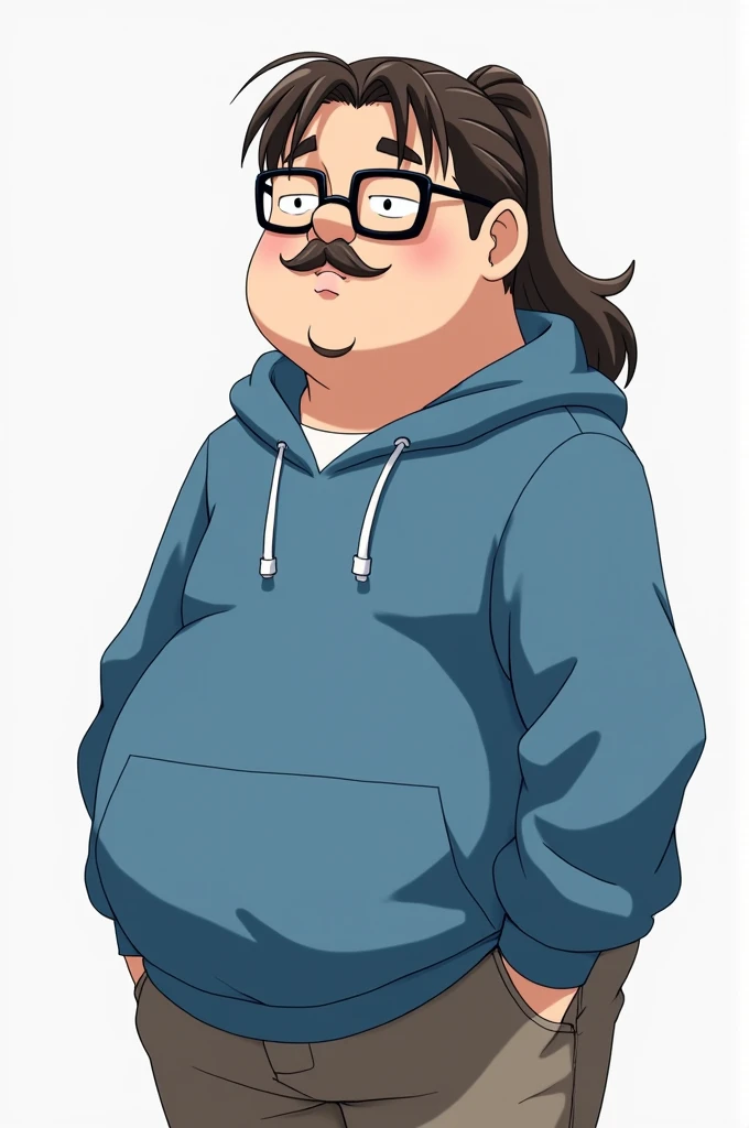 Tall, Chubby, long dark brown hair in ponytail, black rectangular glasses, very thin mustache, fair skin tone, blue hoodie, Male, anime, no smooth body