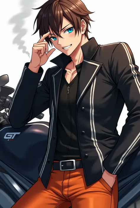 A 33-year-old anime fantasy fit boy with flashing blue eyes and neat brown hair, a devilish smirk on his face and looking kinda sharply, black jacket with white lines , orange pants , leaning against his GT motorcycle , a cigarette between his fingers