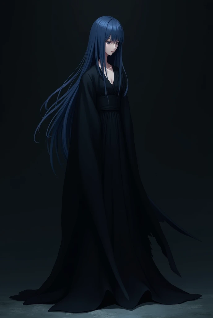 faceless navy blue long haired anime girl black background and black clothes FACELESS FACELESS FACELESS