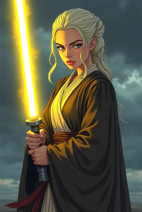 Daenerys Targaryens daughter, standing in a Jedi robe with a yellow lightsaber in her hands, she stands in a fighting stance, against the background of gloomy weather, stile anime