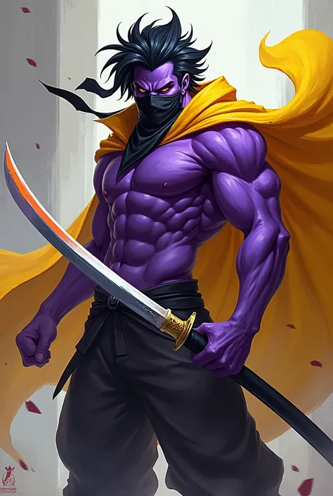  Thug with a handkerchief on his face, Purple-skinned  ,  black hair, A very curved yellow and bright katana , a yellow cape  .
Equal, But with the yellow scarf  
