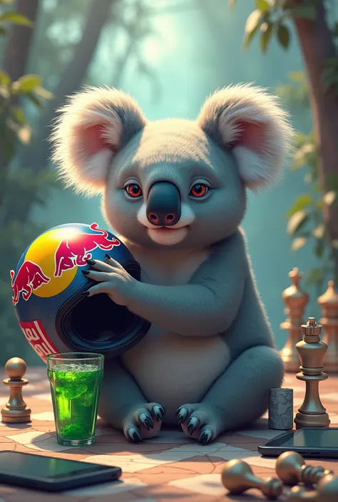  Create a koala that has tablets lying next to him on the ground and on the right side is a motorcycle helmet with Red Bull logo in his hand has a glass with green liquid on the ground is a. Chess breet with figures in the anime Still Everything  