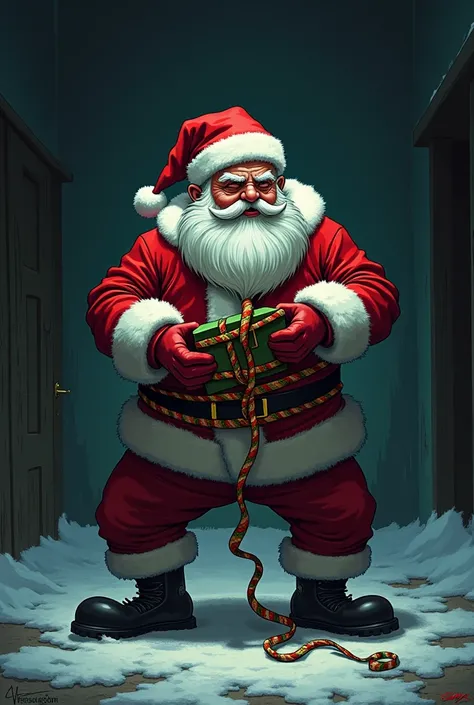 Santa Claus tied up as a gift in a dark black room. Tied in a Christmas ribbon. cartoon