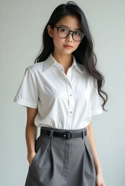 HD full body photo of Arum Widyasari, a  Javanese teenager. She wears a white short sleeved buttoned shirt, a grey skirt, and a black belt. The shirt is tucked into her skirt. She has long black hair and wears glasses.