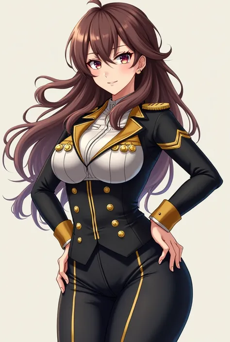 Adult female anime style character design, she is beautiful, dressed in a military style, has brown hair, attractive but with a strong character and has a curvy body.