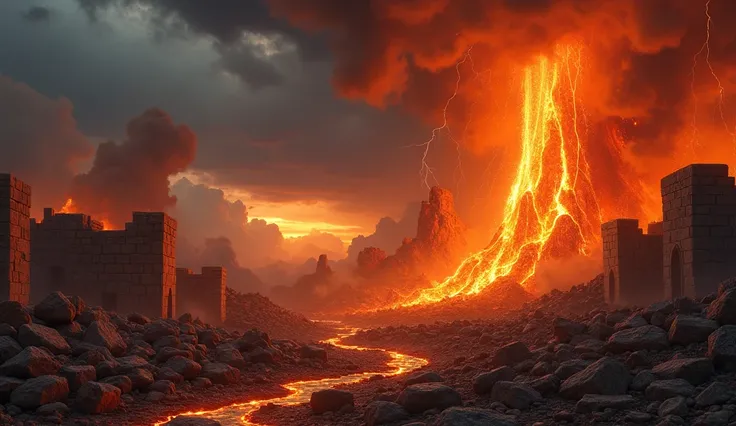 A fiery, apocalyptic scene with the city of Sodoma burning. Lava and fire rain down from the sky, turning the ancient stone buildings into rubble. Dark clouds and lightning fill the dramatic sky above.