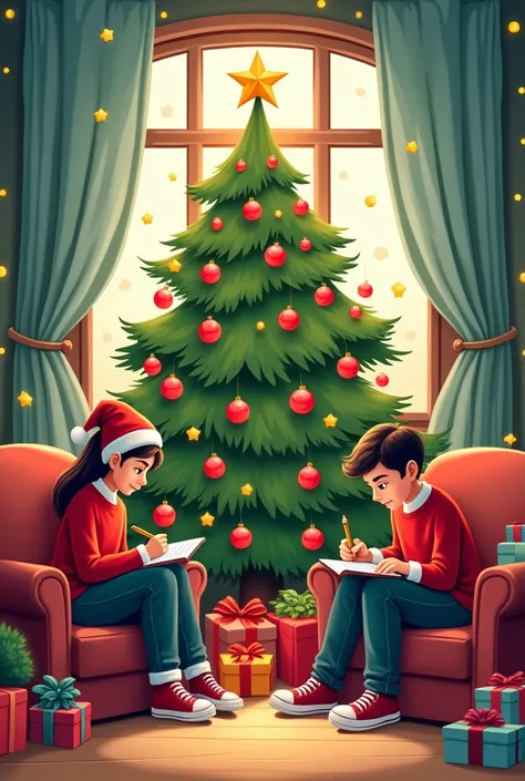  A Christmas tree with red balls and a big star on the top, Under the tree there is a young adult woman writing in a book and a young adult man writing in a book in a Christmas atmosphere in a cartoon