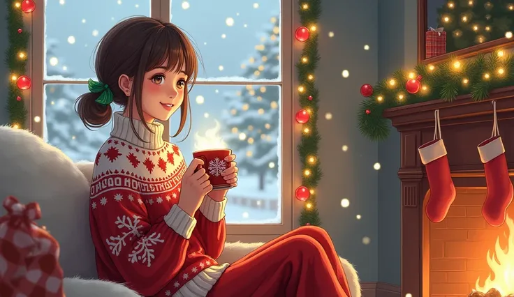 manhwa style, hand-drawn, detailed artwork of {a joyful girl in a cozy red and white Christmas sweater, sitting by a frosted window with snow gently falling outside, holding a steaming mug with snowflake patterns}, in a festive {living room decorated with ...