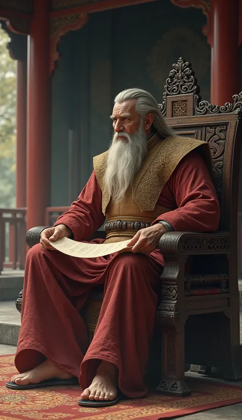 "Muscular emperor in a solemn pavilion ,  holding a scroll while watching his reign, applying stoic wisdom ."
