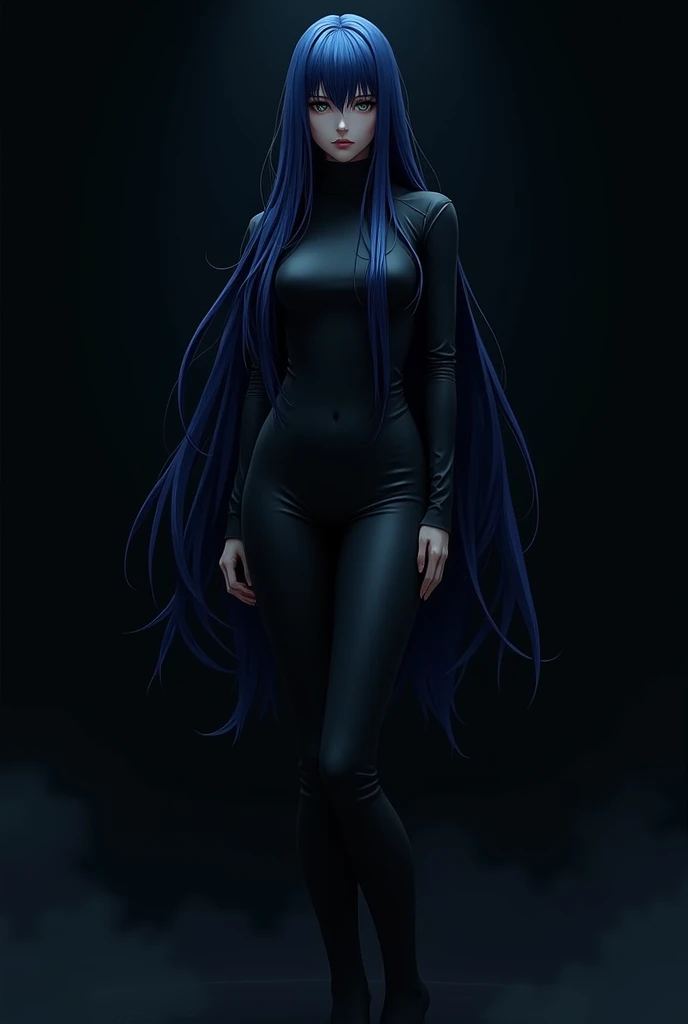 faceless navy blue long haired manga girl black background and black clothes