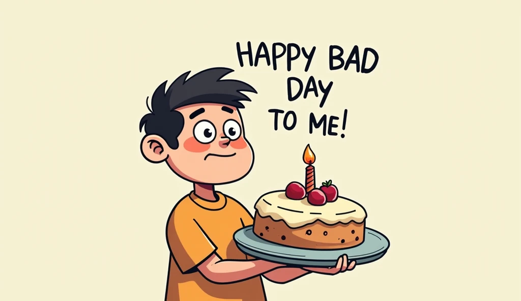 Create a picture of a cartoon man holding a sad cake,มีตัวอักษร happy bad day to me