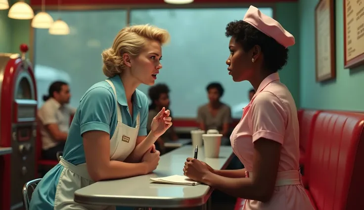 "Create an ultra-realistic, highly detailed scene inside a classic American diner from the 1960s. The focus is on two human characters in a moment of intense confrontation:

A white woman, mid-30s, with sharp features and short blonde hair styled in a 1960...