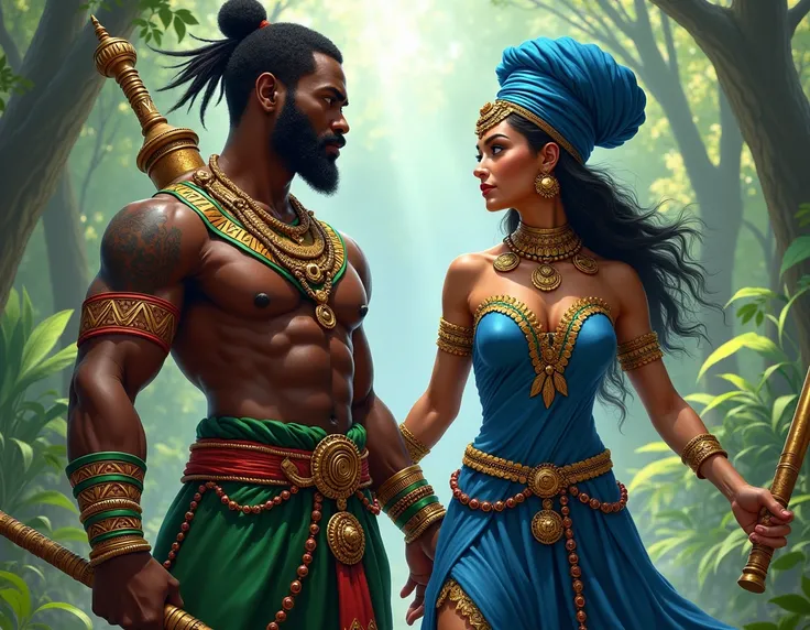 black man, green and red clothes , African Warrior, Woman in blue clothes gold necklaces, Blue turban, African goddess 